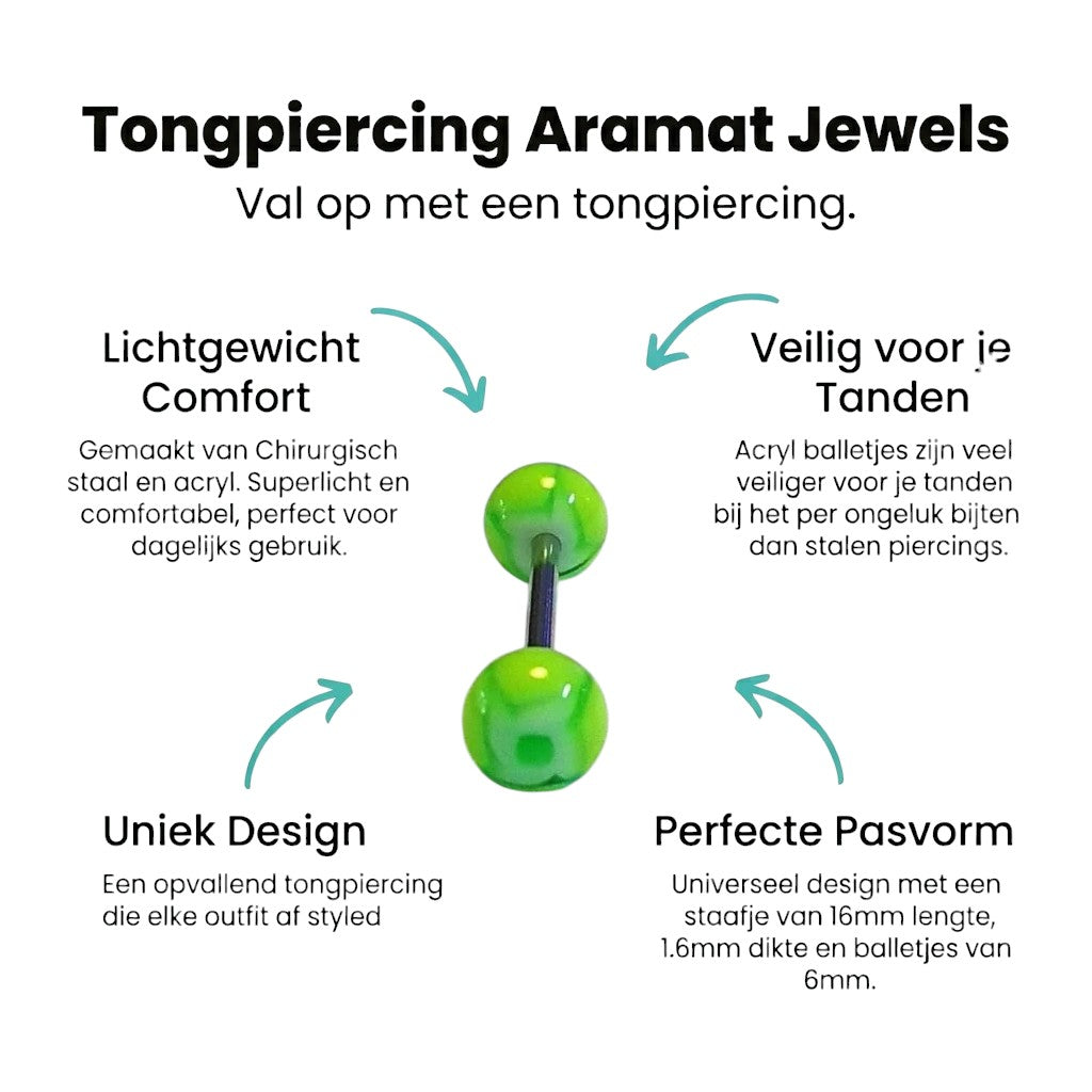 Aramat Jewels steel tongue piercing with bright yellow and green marbled acrylic balls. 16mm bar length, 6mm ball diameter.