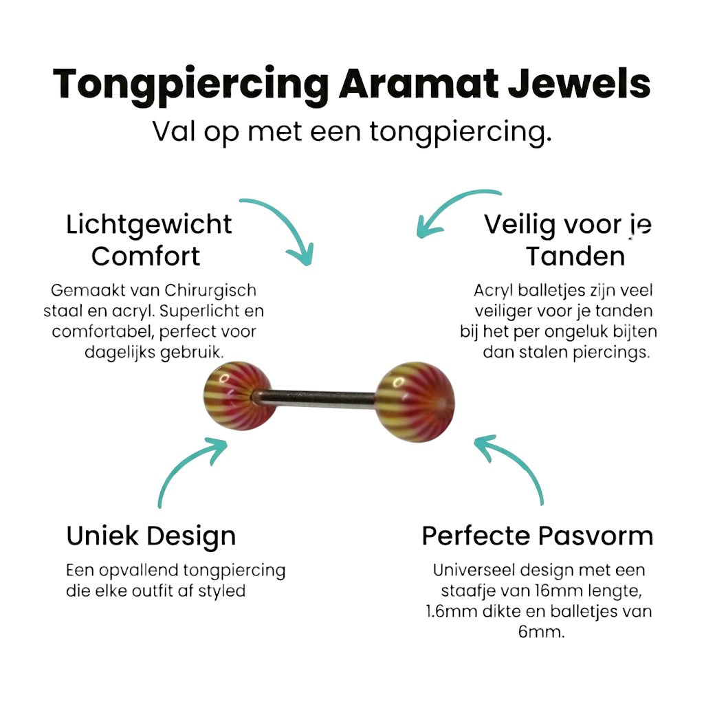 Aramat Jewels steel tongue piercing with 6mm yellow and red striped acrylic balls.