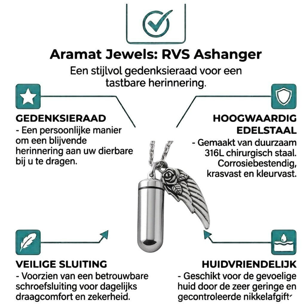 Aramat Jewels zilverkleurige ashanger met engelenvleugel van roestvrij staal, met schroefsluiting.