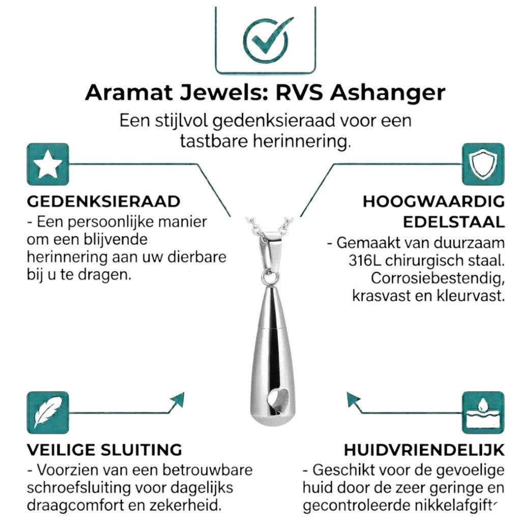Aramat Jewels zilverkleurige roestvrijstalen ashanger in druppelvorm met opengewerkt hartje. 3,1cm lang met schroefsluiting.