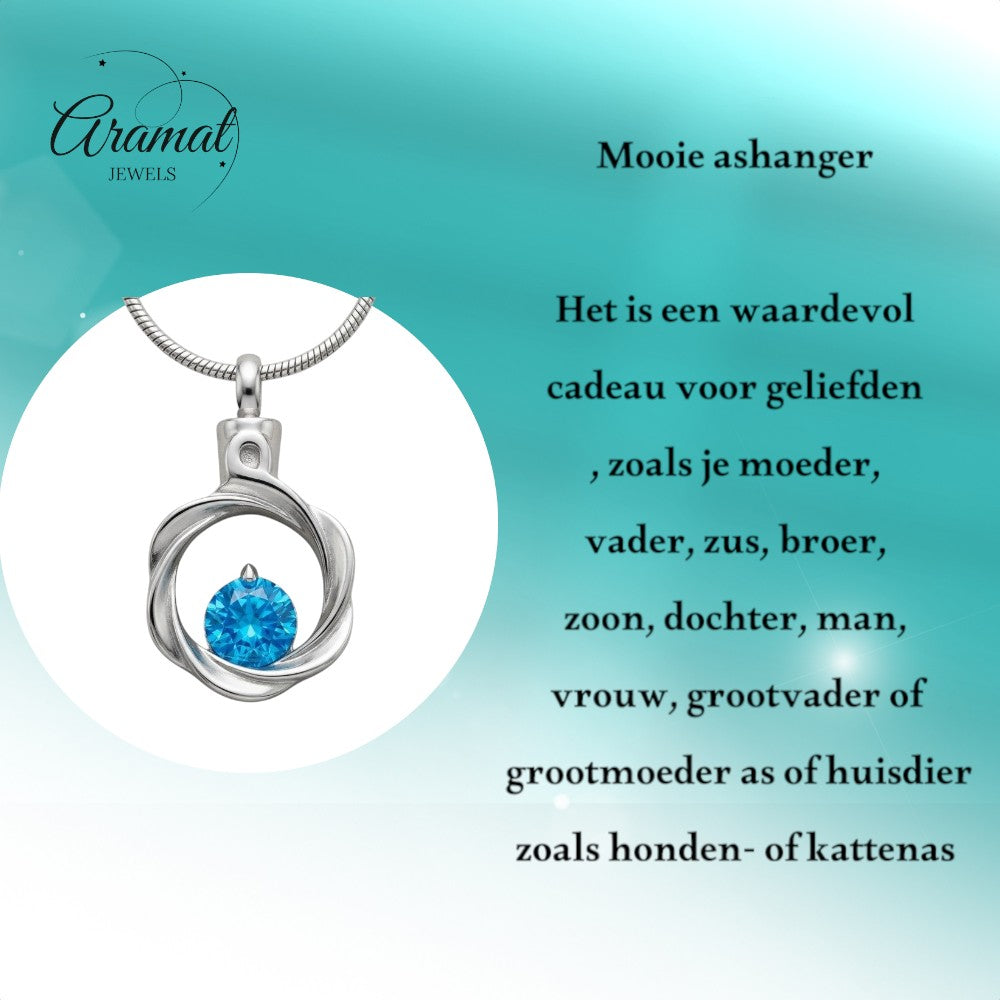 Aramat Jewels zilverkleurige stalen ashanger met blauwe zirkonia, gedraaid ontwerp, zonder ketting.