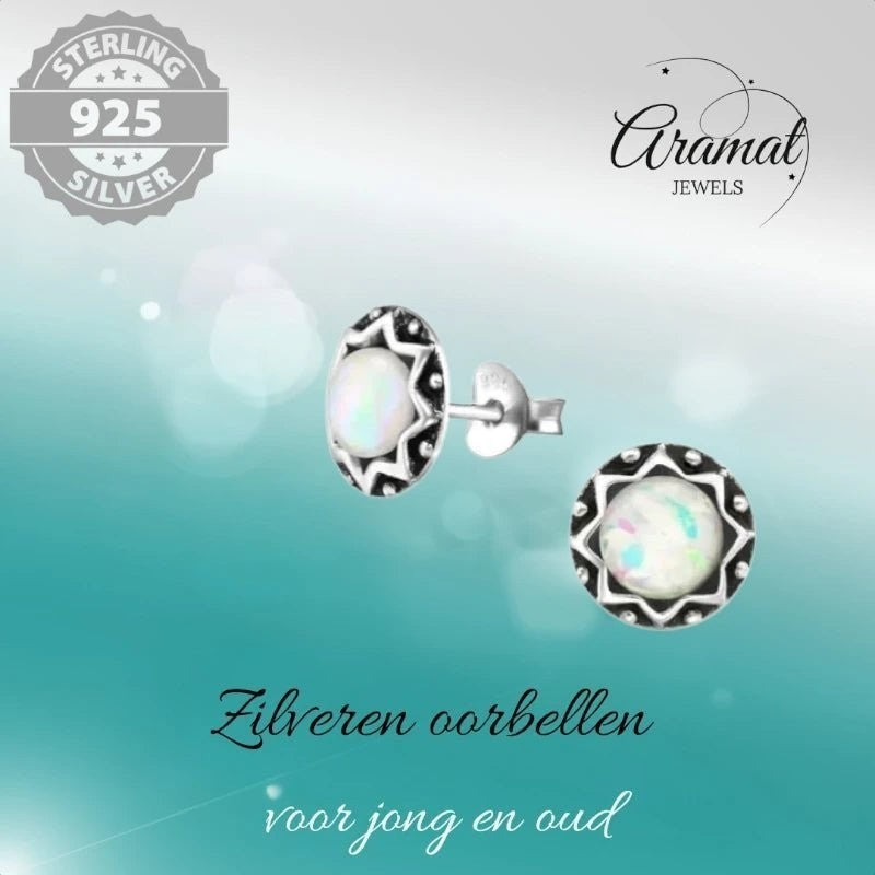 Aramat Jewels Sterling Zilveren Bali oorstekers met witte opaal, 9mm rond, geoxideerd