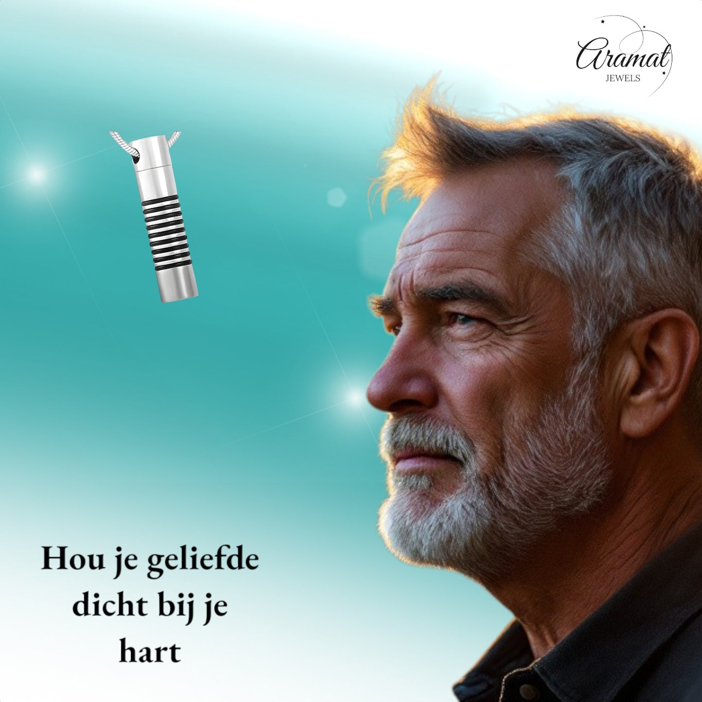 Aramat Jewels zilverkleurige stalen buis ashanger voor mannen met zwarte ringen. Discreet rouwsieraad.