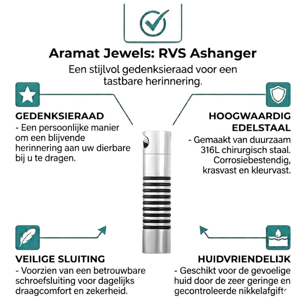 Aramat Jewels zilverkleurige stalen buis ashanger met zwarte ringen, voor mannen. Discreet rouwsieraad.