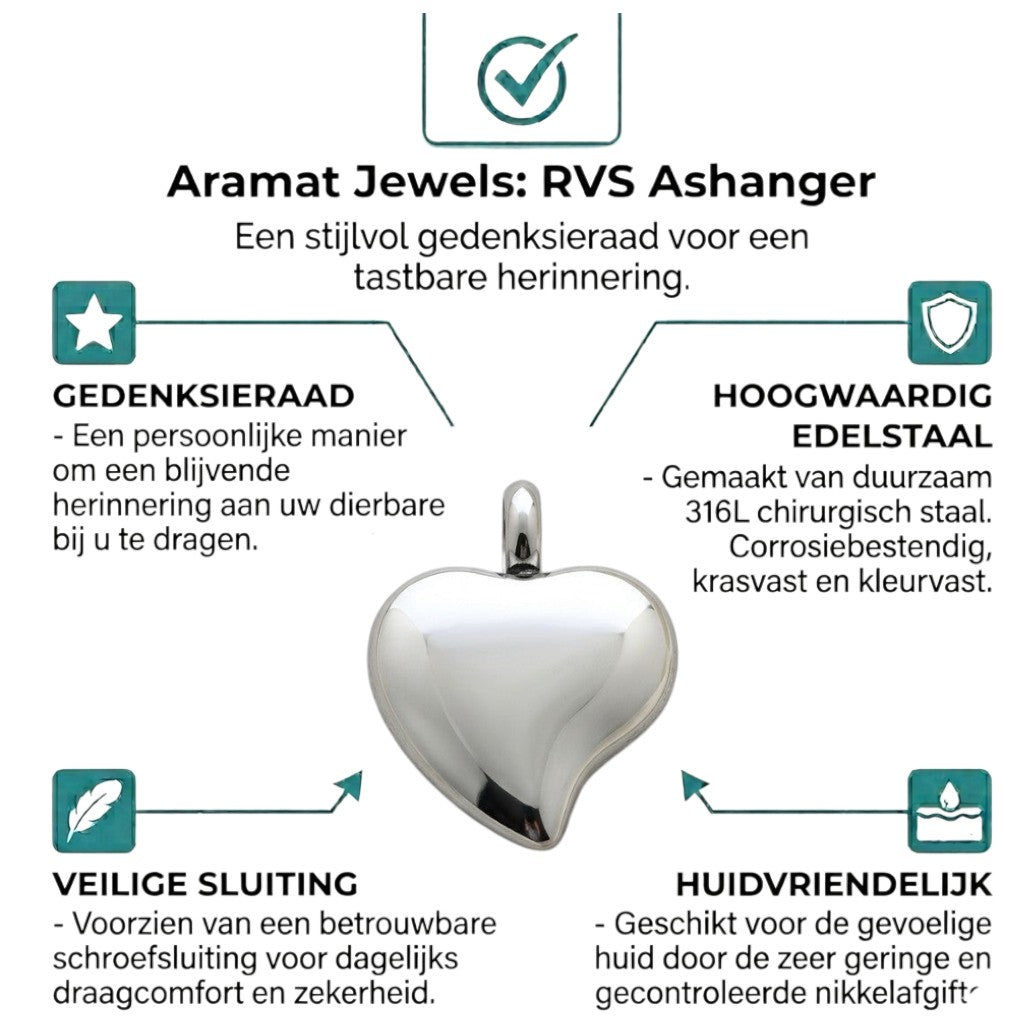 Aramat Jewels zilverkleurige hartvormige crematiehanger van roestvrij staal met schroefsluiting.