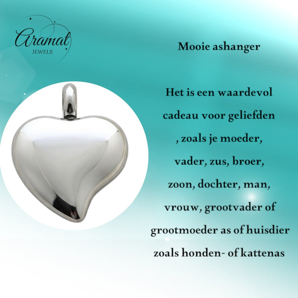 Aramat Jewels zilverkleurige hartvormige crematiehanger van roestvrij staal met schroefsluiting.