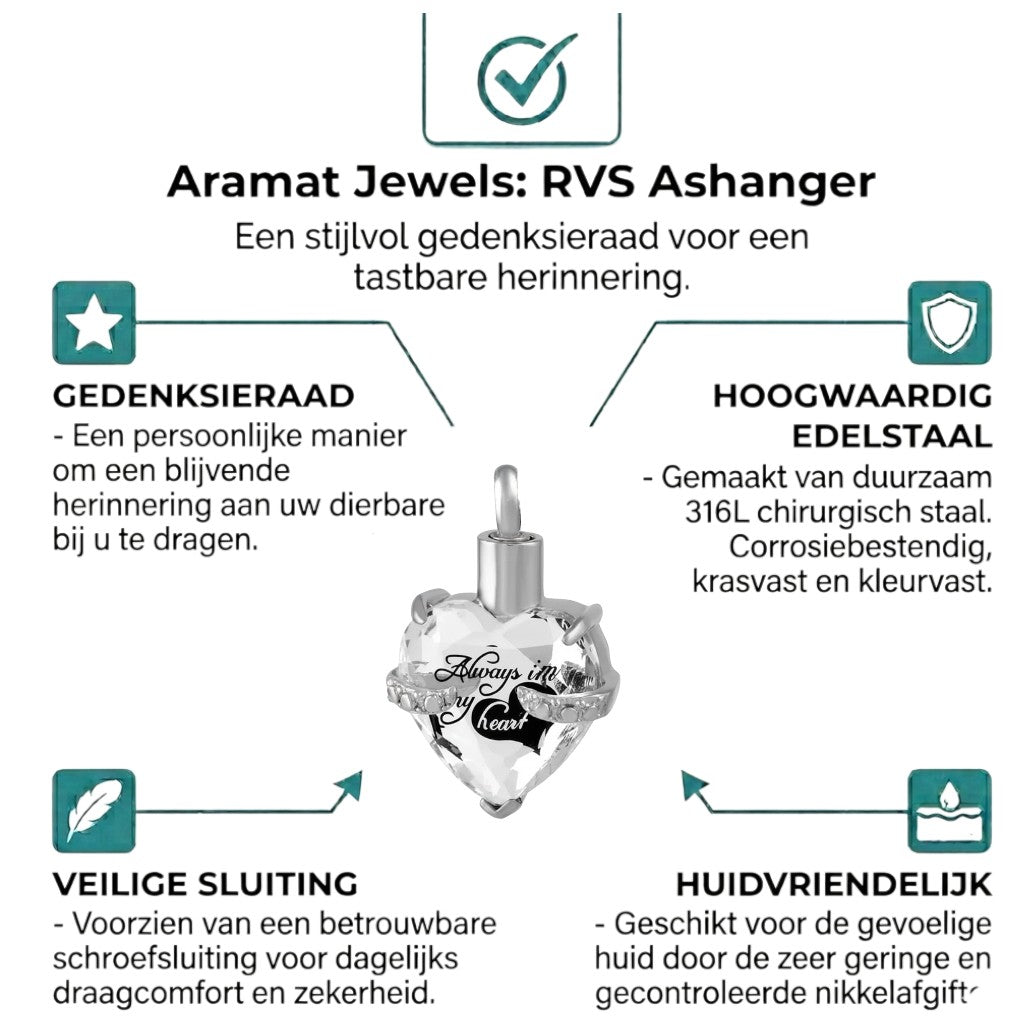Aramat Jewels zilverkleurige hartvormige crematiehanger van 316L staal met zirkonia en tekst 'Always in my heart'.