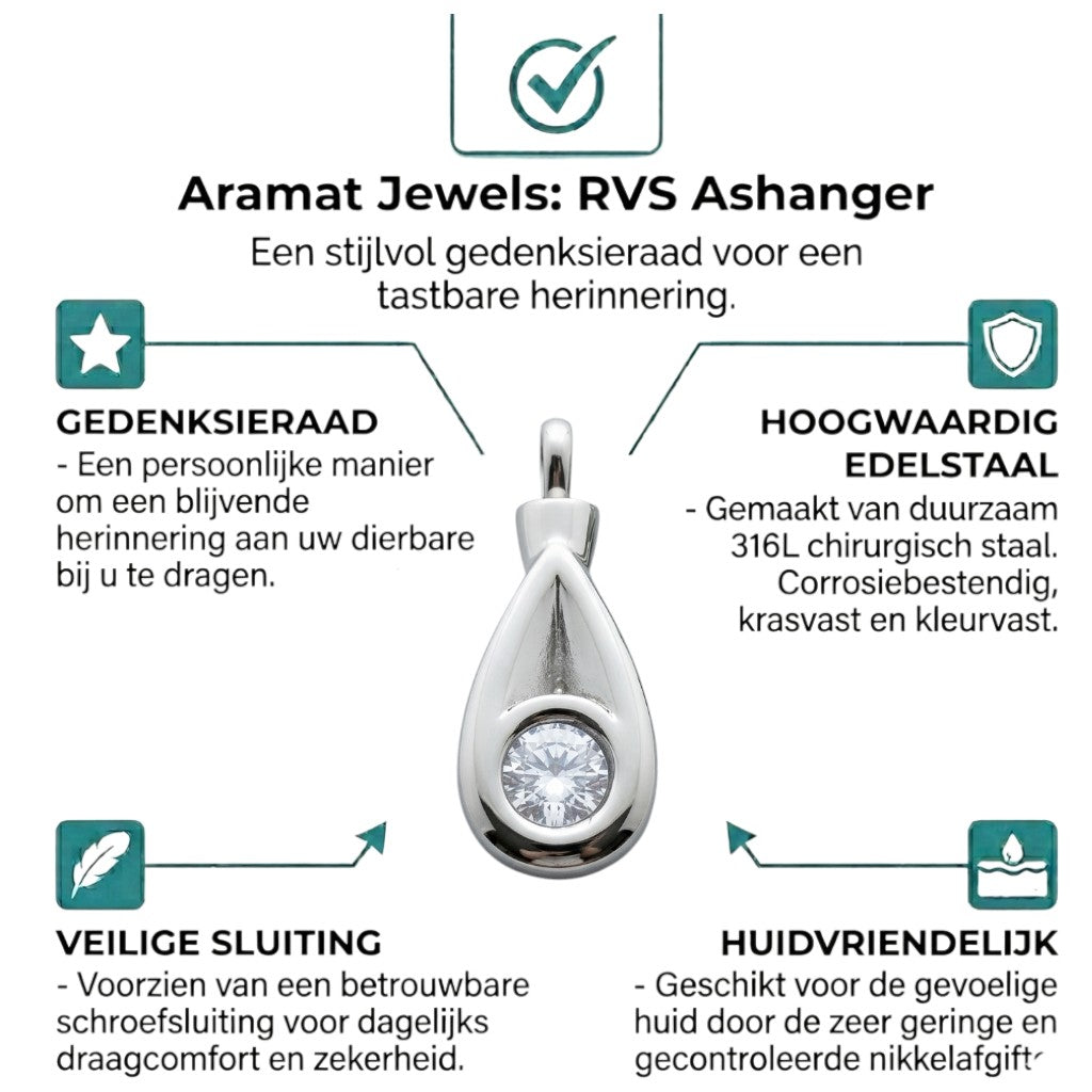 Aramat Jewels zilverkleurige stalen crematiehanger met zirkonia, druppelvormig met schroefsluiting.