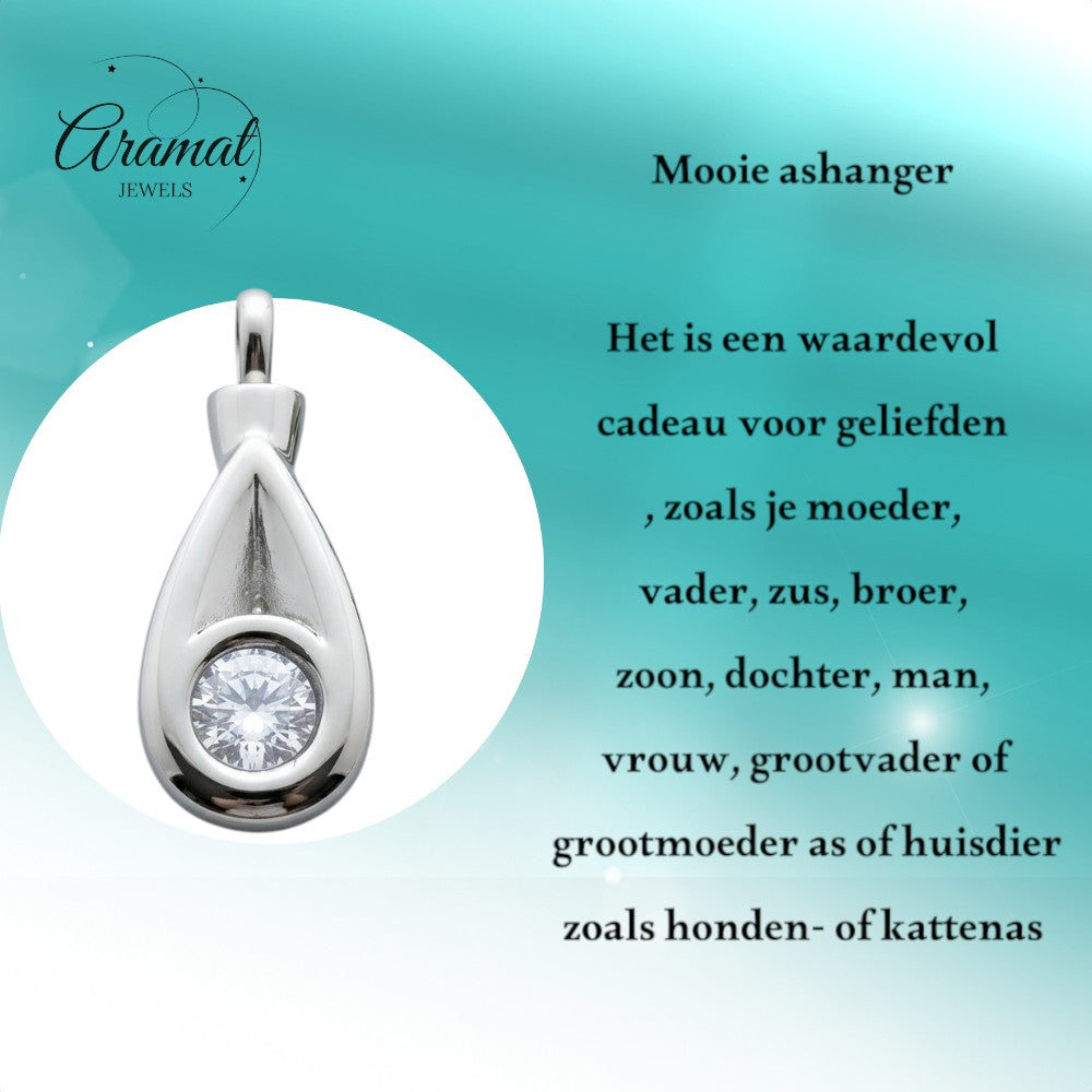 Aramat Jewels zilverkleurige stalen crematiehanger met zirkonia, druppelvormig met schroefsluiting.