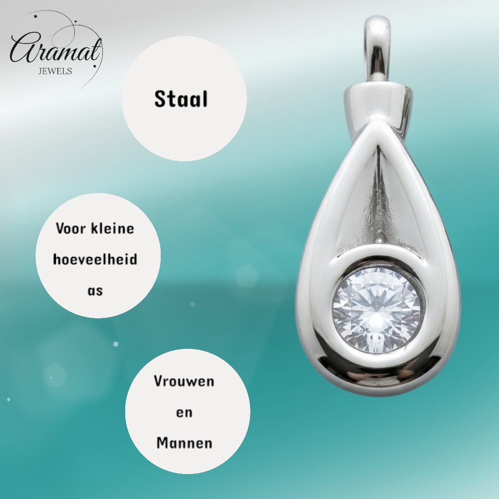 Aramat Jewels zilverkleurige stalen crematiehanger met zirkonia, druppelvormig met schroefsluiting.