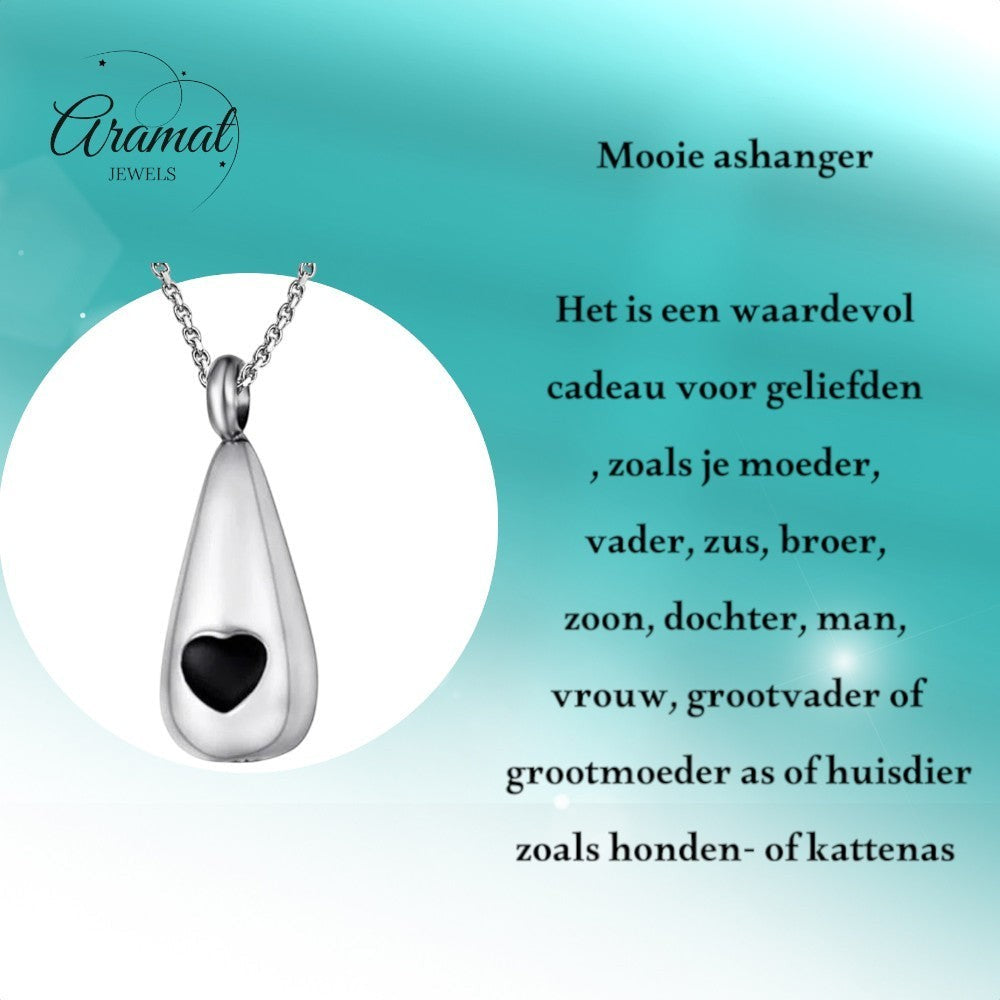 Aramat Jewels zilverkleurige druppel ashanger met zwart hart, van roestvrij staal.
