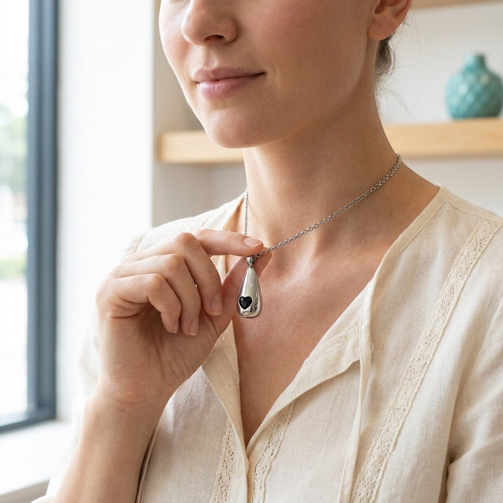 Aramat Jewels zilverkleurige druppelvormige ashanger met zwart hart, gemaakt van roestvrij staal.