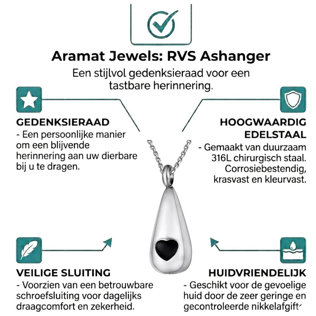 Aramat Jewels zilverkleurige druppelvormige ashanger met zwart hart detail, van roestvrij staal.