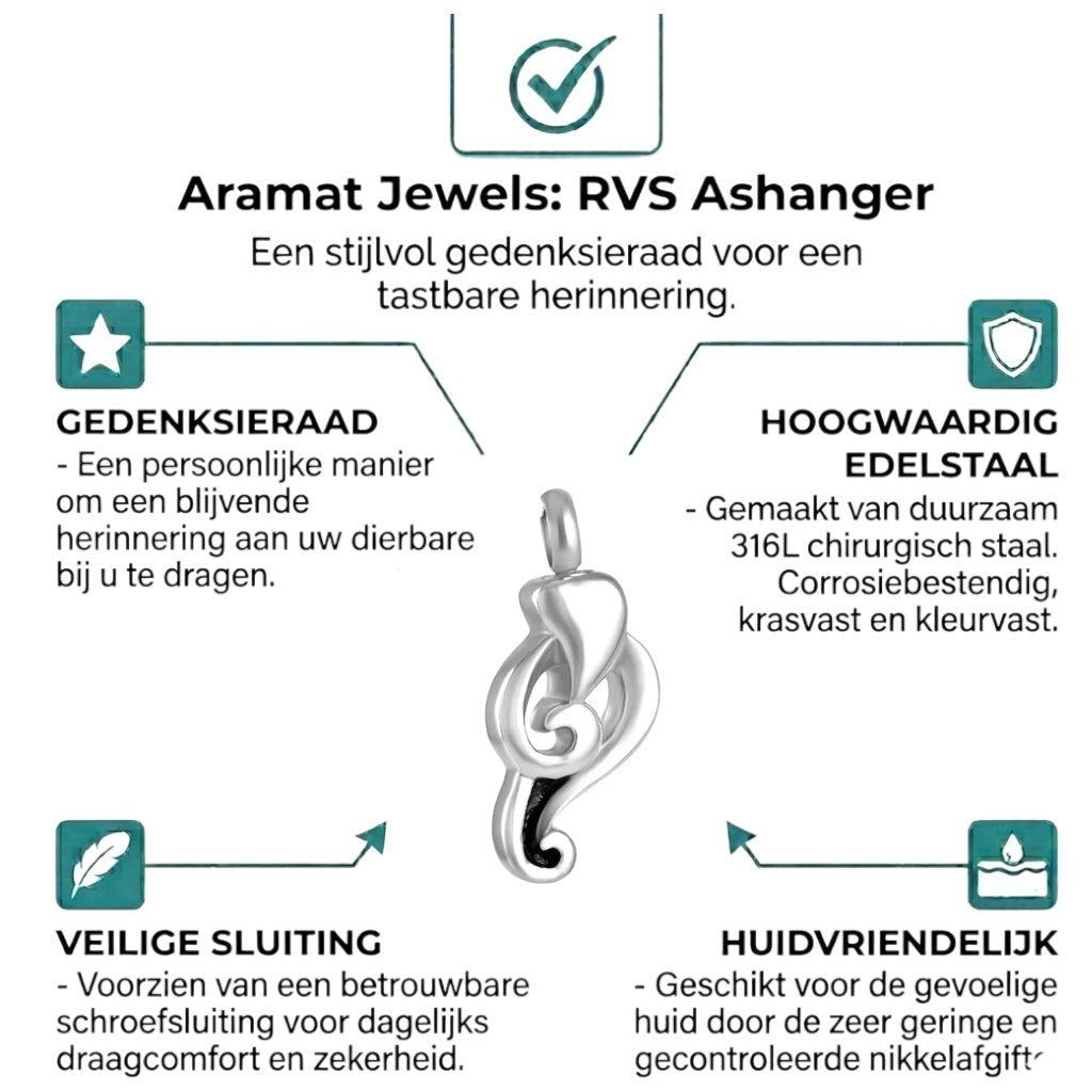 Aramat Jewels zilverkleurige 316L edelstaal fantasie ashanger met hartvormig detail. Schroefsluiting.