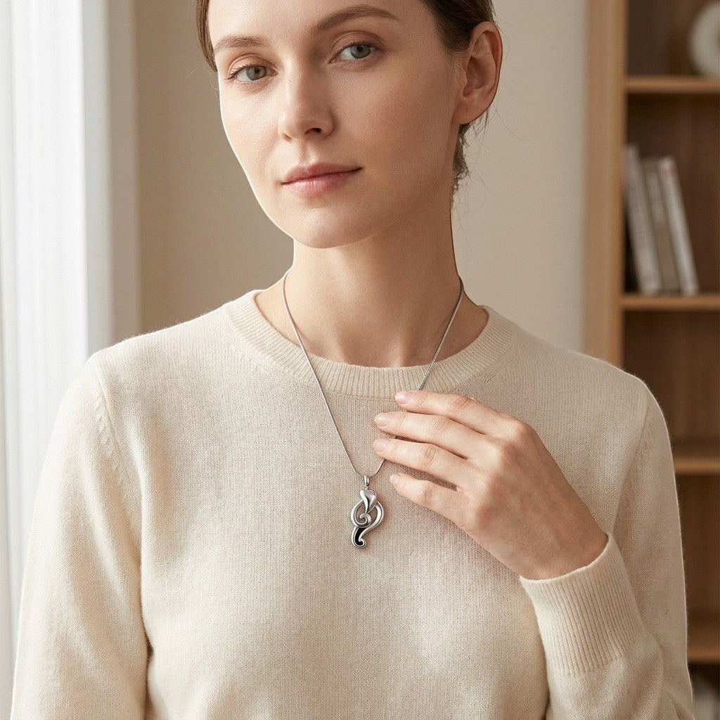 Aramat Jewels® zilverkleurige fantasie ashanger van 316L edelstaal met schroefsluiting, gedragen door een vrouw.