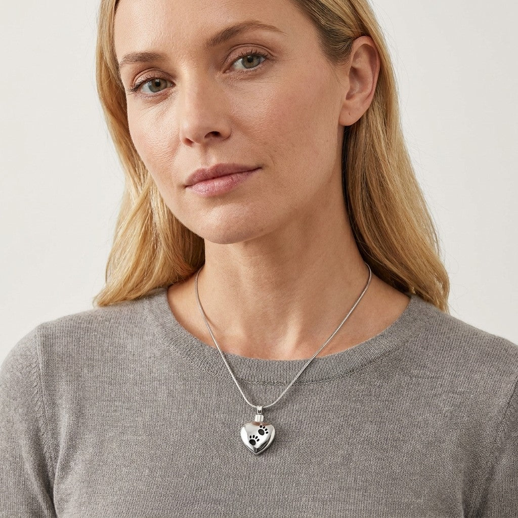 Aramat Jewels zilverkleurige hartvormige ashanger met pootafdrukken, gedragen door een vrouw met blond haar.