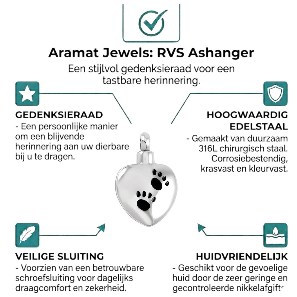 Aramat Jewels zilverkleurige hartvormige ashanger met pootafdrukken, gemaakt van roestvrij staal.