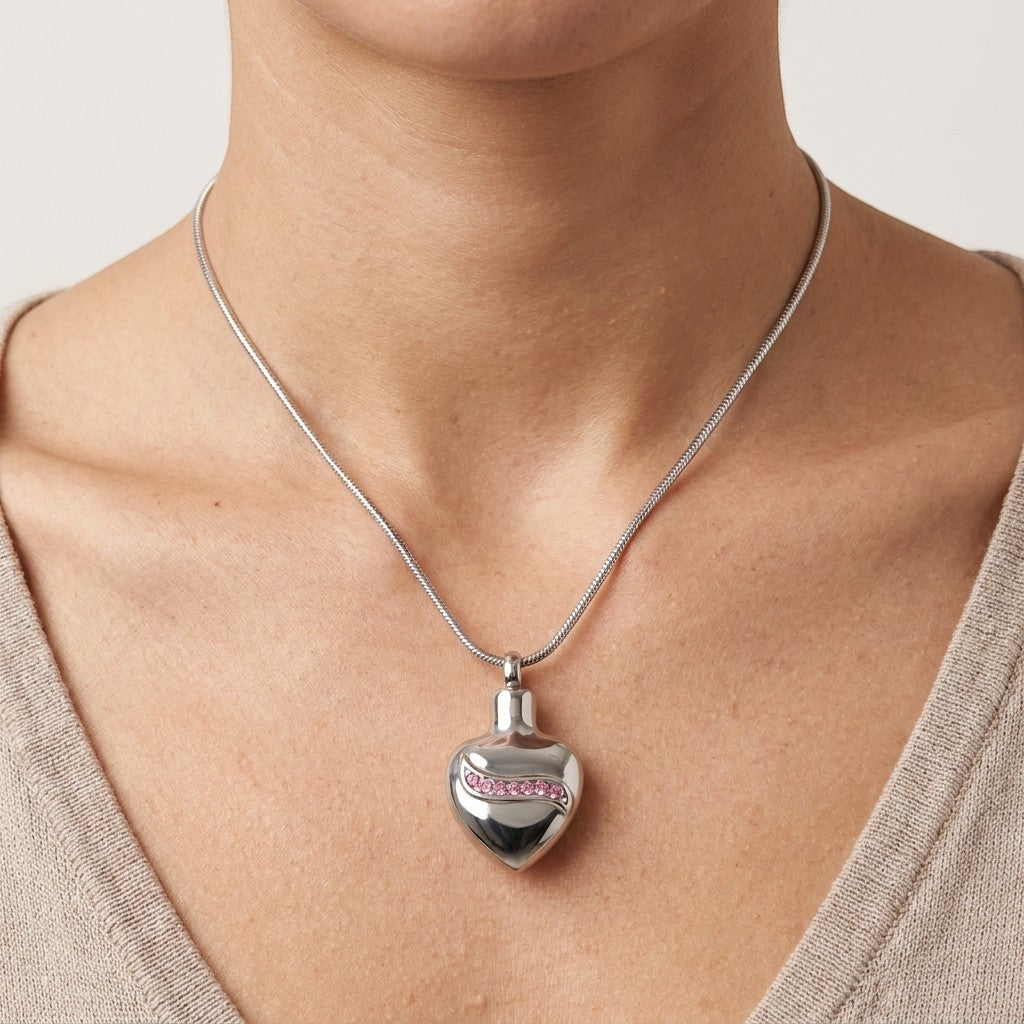Aramat Jewels zilverkleurige stalen hart ashanger met roze zirkonia lijn, 32mm
