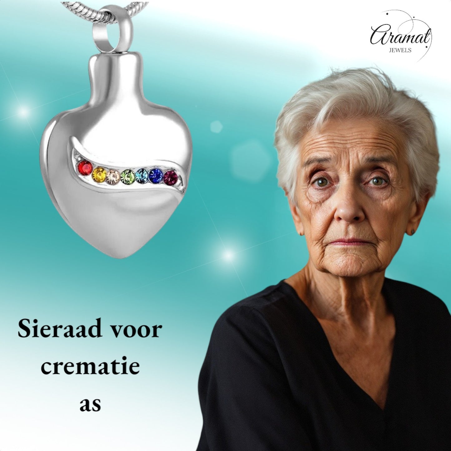 Aramat Jewels zilverkleurige stalen hartvormige ashanger met een lijn van gekleurde zirkonia's, 32mm.