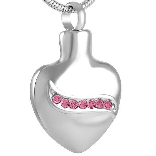 Aramat Jewels zilverkleurige stalen hart ashanger met een lijn van roze zirkonia's, 32mm.