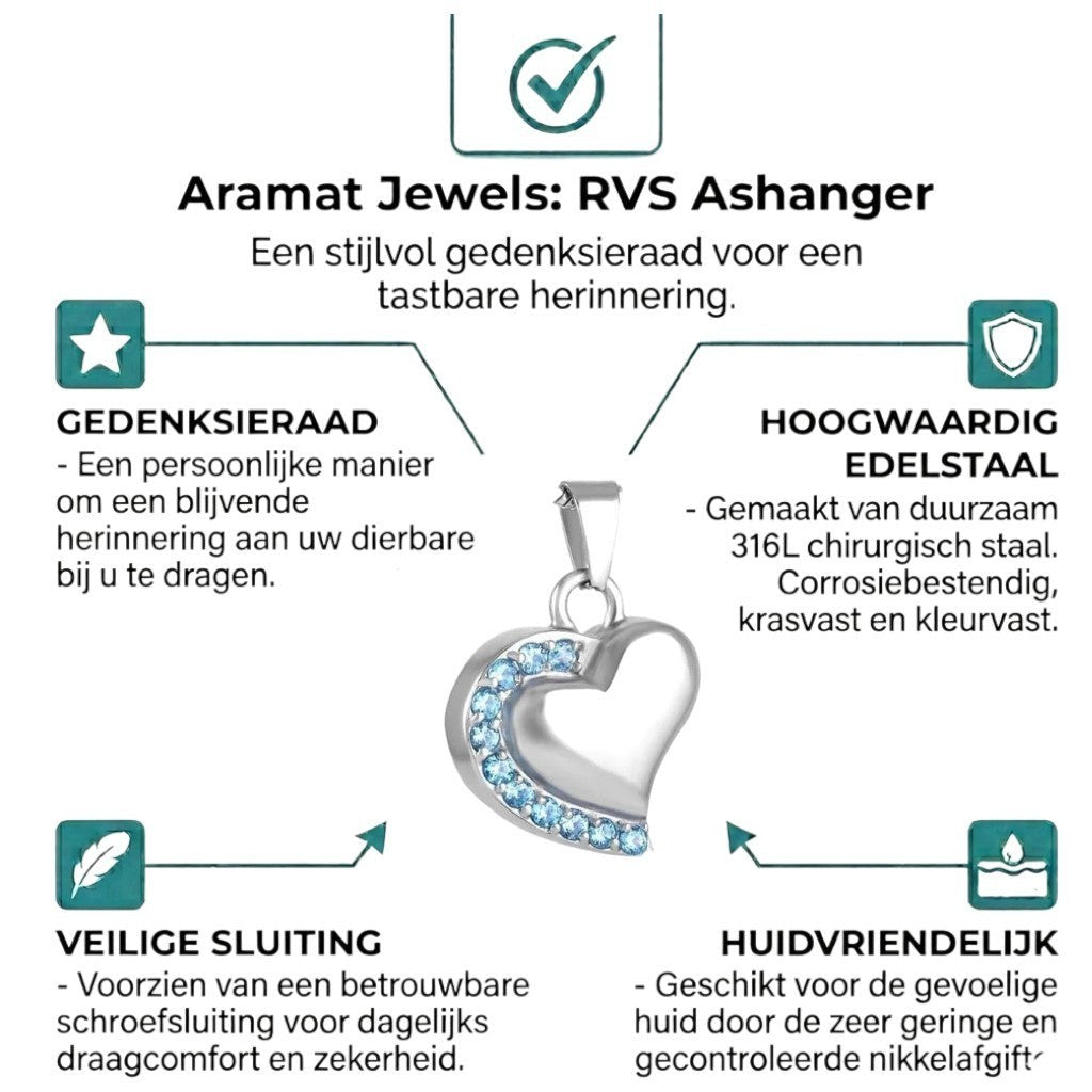 Aramat Jewels zilverkleurige stalen ashanger in hartvorm met blauwe zirkonia steentjes. Gedenksieraad zonder ketting.
