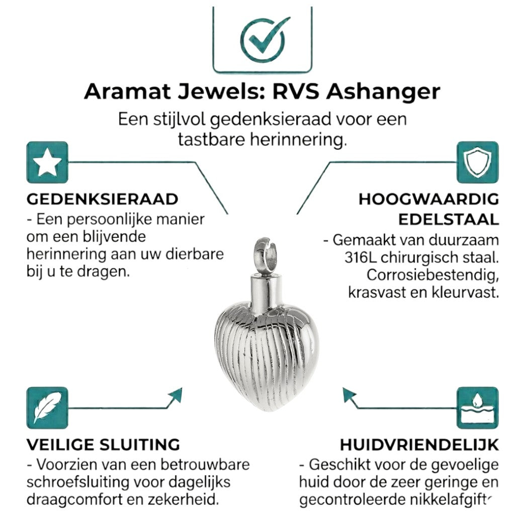 Aramat Jewels zilverkleurige hartjes ashanger van 3cm met strepenpatroon, gemaakt van roestvrij staal.