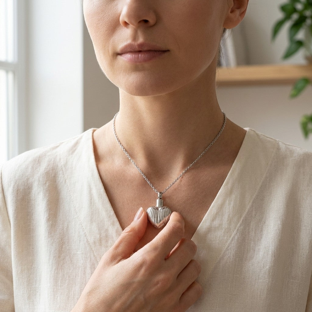 Aramat Jewels zilverkleurige hartjes ashanger van 3cm met strepenpatroon, gemaakt van roestvrij staal.