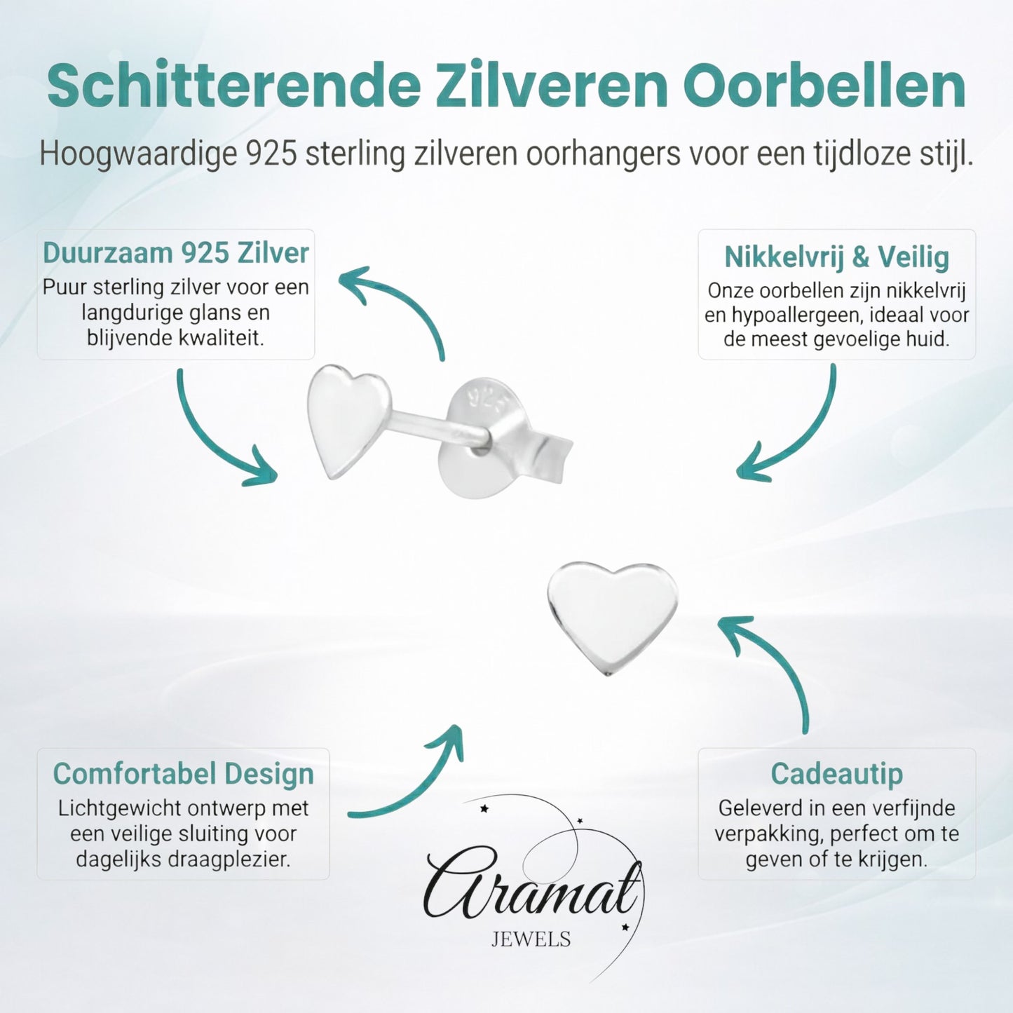 Aramat Jewels 925 sterling zilveren gladde hartjes oorstekers van 4mm.