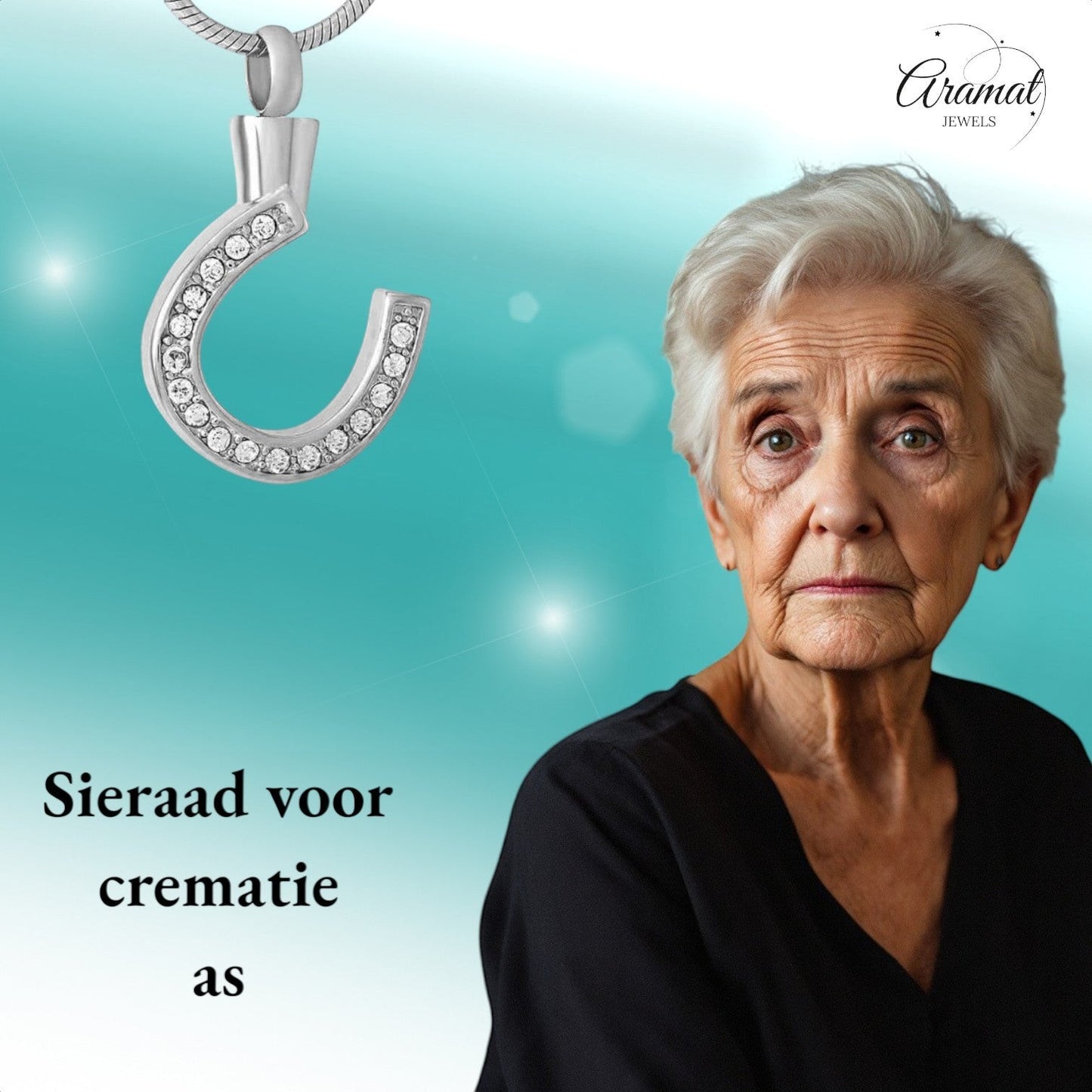 Aramat Jewels zilverkleurige stalen hoefijzer ashanger bezet met kristallen, een gedenksieraad voor crematie as.
