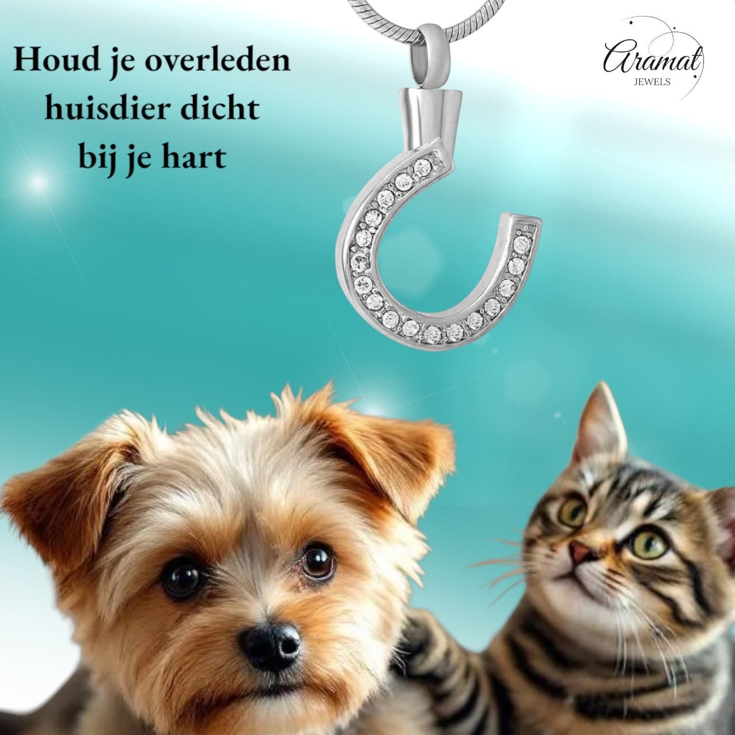 Aramat Jewels zilverkleurige hoefijzer ashanger met steentjes, symbool voor geluk en gedenken van huisdieren.