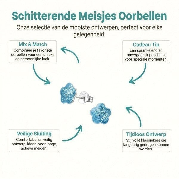 Aramat Jewels 925 zilveren kinderoorbellen in de vorm van een blauwe glitter bloem van 8mm.