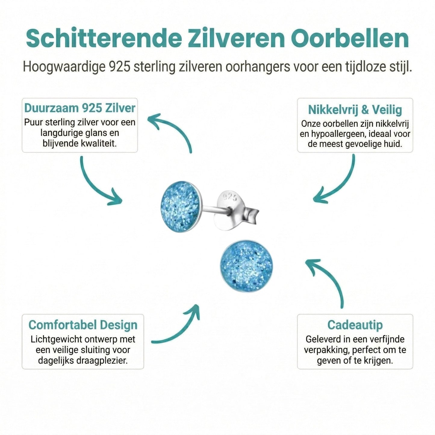 Aramat Jewels 925 zilveren kinderoorbellen met blauwe glitter, rond, 5mm. Nikkelvrij en comfortabel.