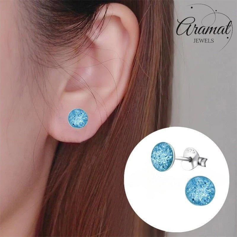 Aramat Jewels 925 zilveren kinderoorbellen met blauwe glitter, rond, 5mm.
