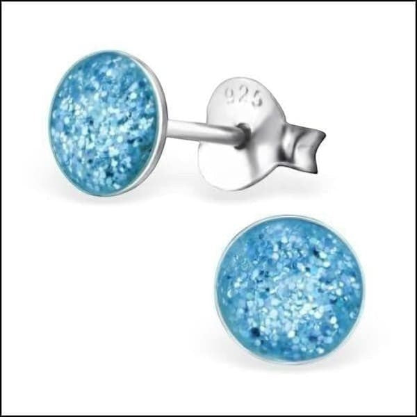 Aramat Jewels 925 zilveren kinderoorbellen met blauwe glitter, rond 5mm. Ideaal voor meisjes.