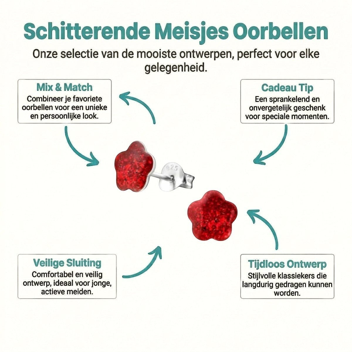 Aramat Jewels 925 zilveren kinderoorbellen met rode glitter bloem, 8mm. Ideaal voor meisjes.