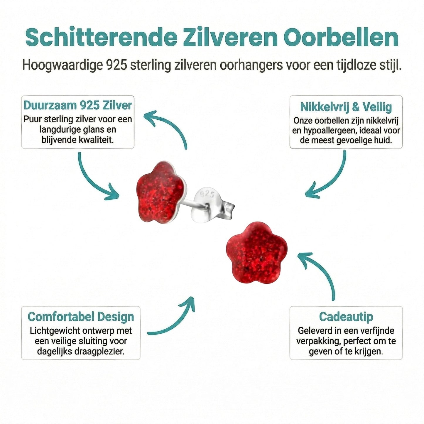 Aramat Jewels 925 zilveren kinderoorbellen in de vorm van een rode glitter bloem van 8mm. Nikkelvrij en comfortabel.