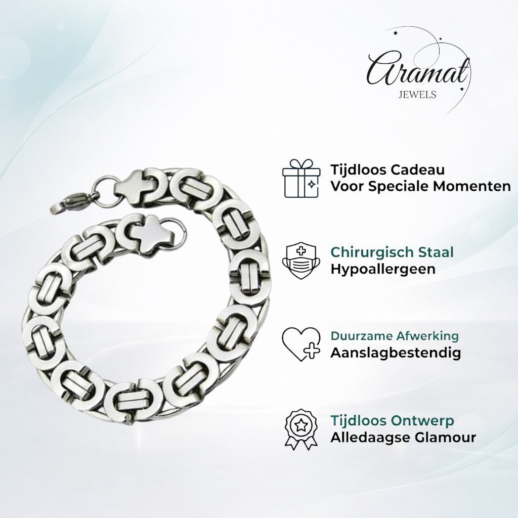 Aramat Jewels zilverkleurige stalen koningsschakelarmband van 11 mm breed en 22 cm lang met een stevige sluiting.