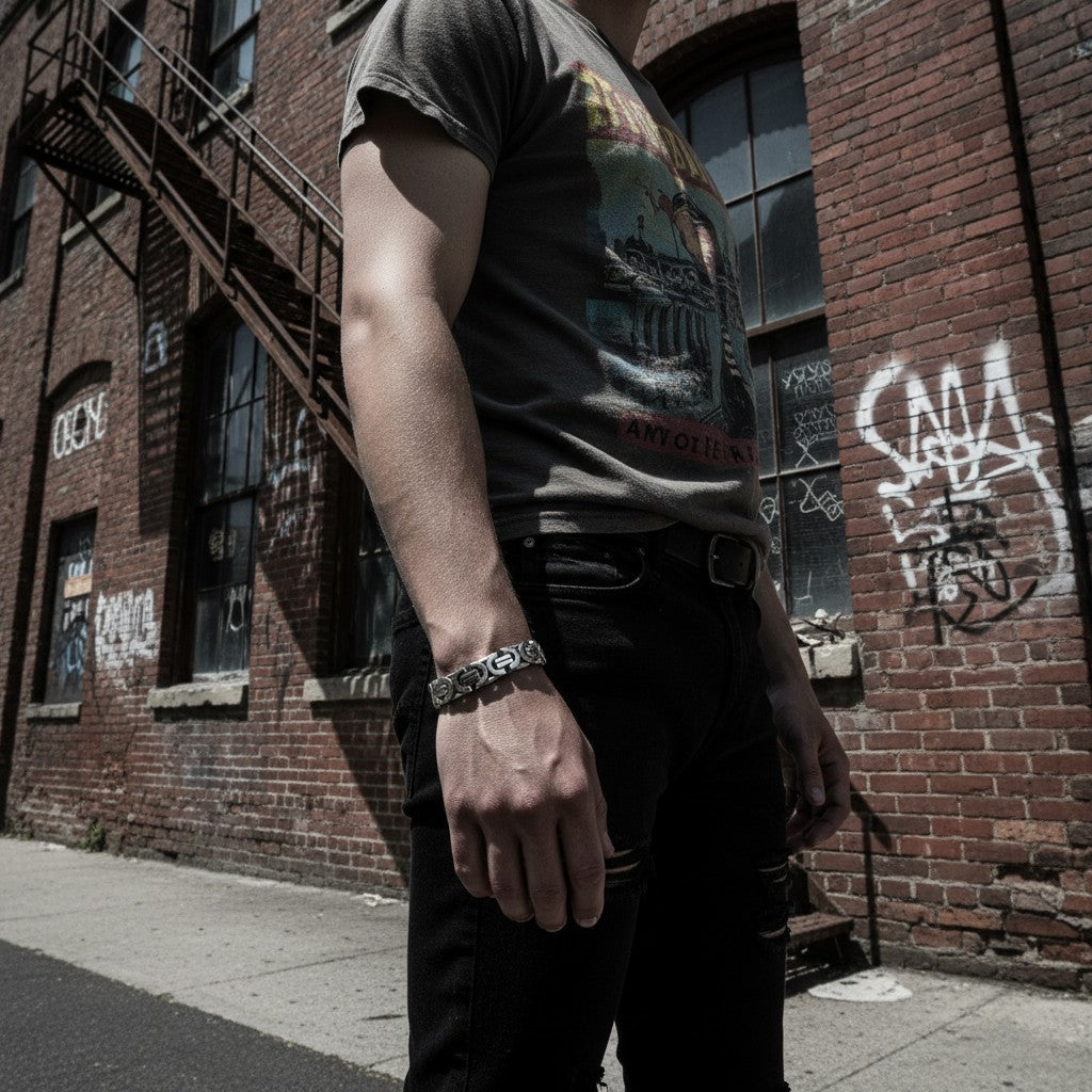 Aramat Jewels zilverkleurige stalen koningsschakelarmband van 11mm breed gedragen door een man in een urban setting.