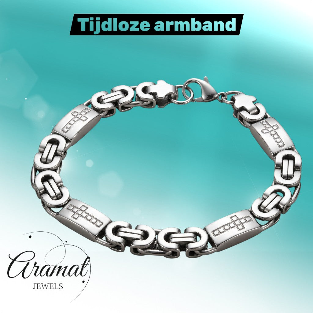 Aramat Jewels zilverkleurige koningsschakel armband met kruisjes, 9mm breed en 21cm lang, van roestvrij staal.
