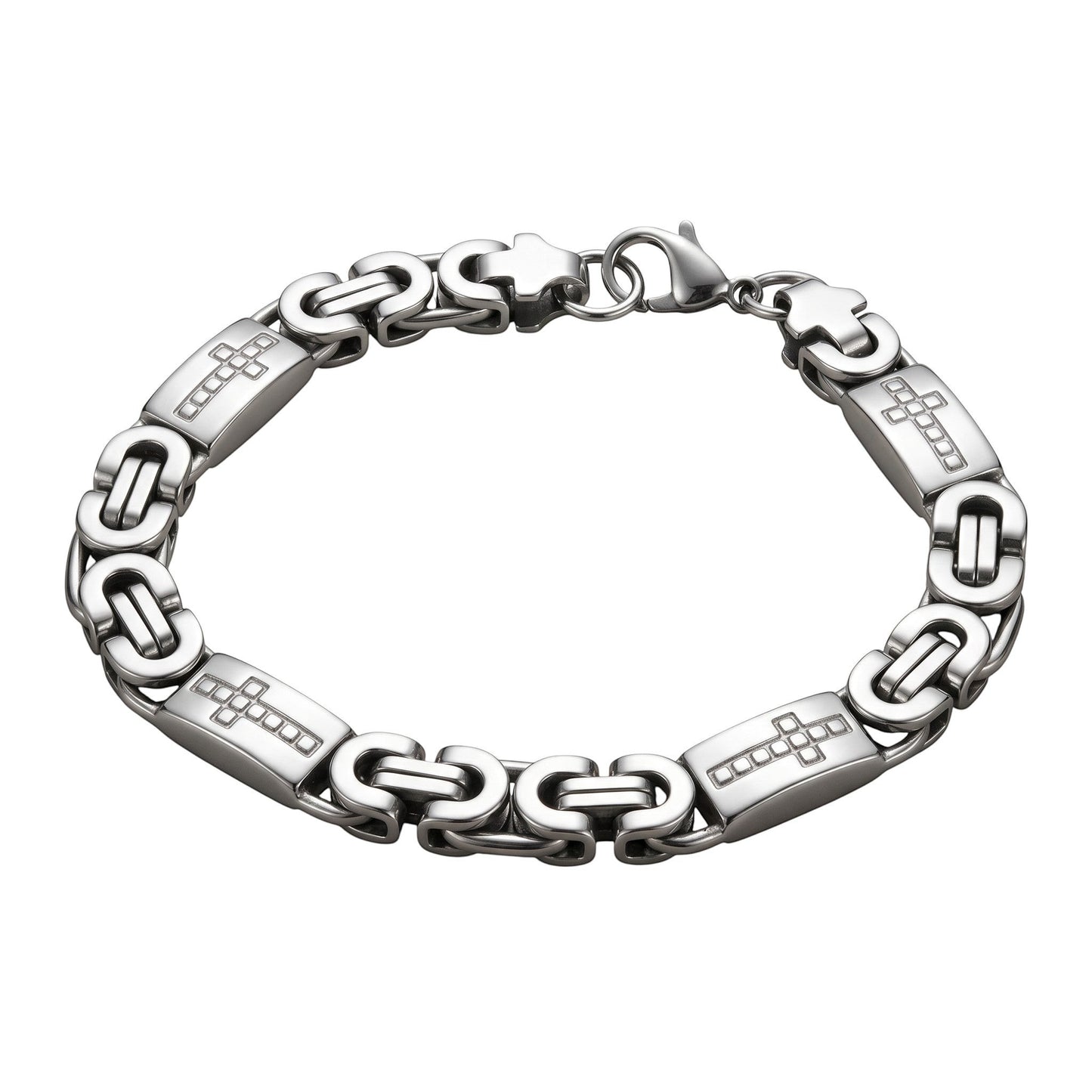 Aramat Jewels zilverkleurige koningsschakel armband van staal met kruisjes, 9mm breed en 21cm lang.