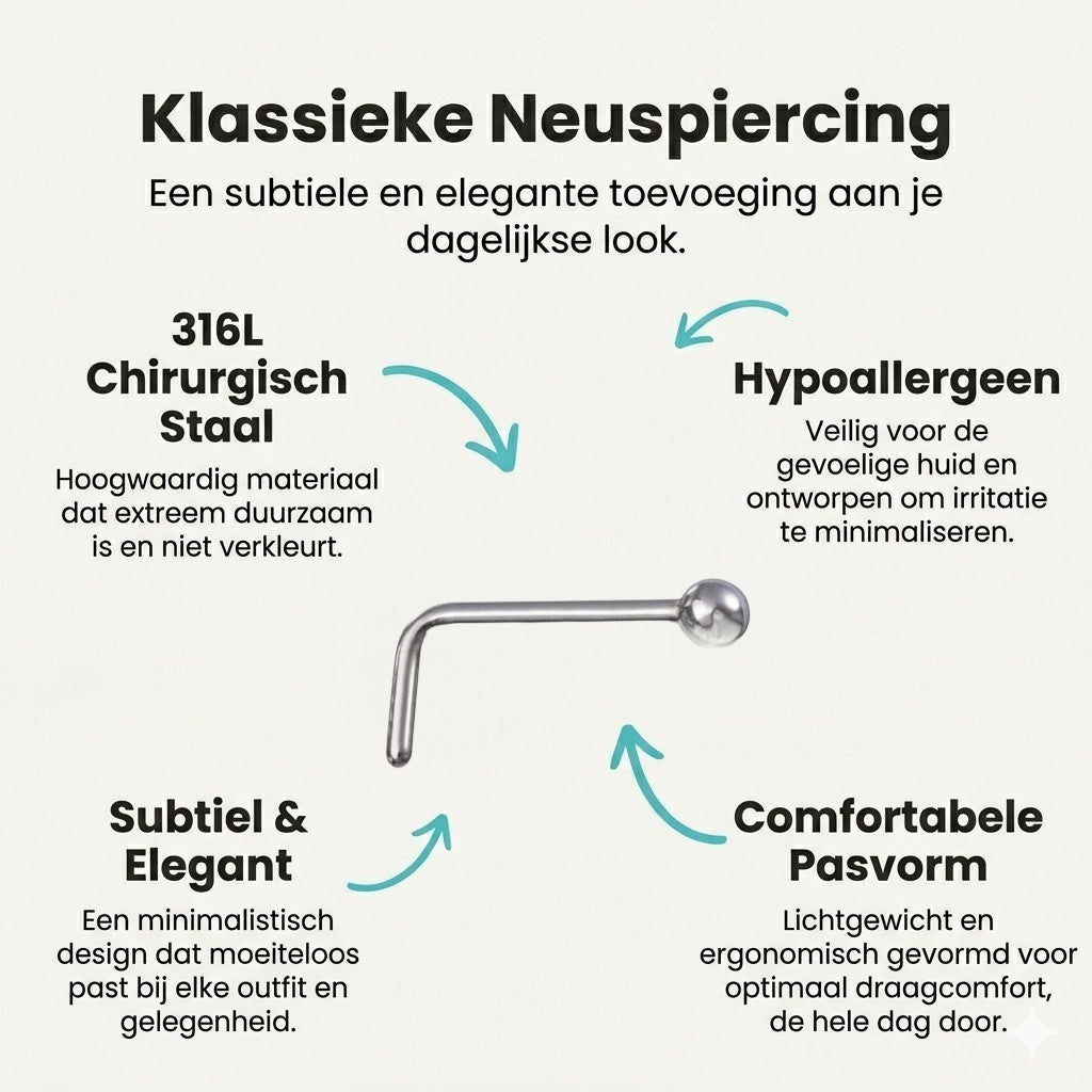 Aramat Jewels zilverkleurige L-vormige neuspiercing van chirurgisch staal met een 2mm bolletje voor dagelijks gebruik.