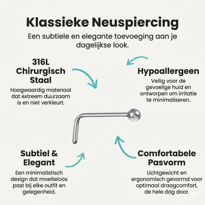 Aramat Jewels zilverkleurige L-vormige neuspiercing van chirurgisch staal met een 2mm bolletje voor dagelijks gebruik.
