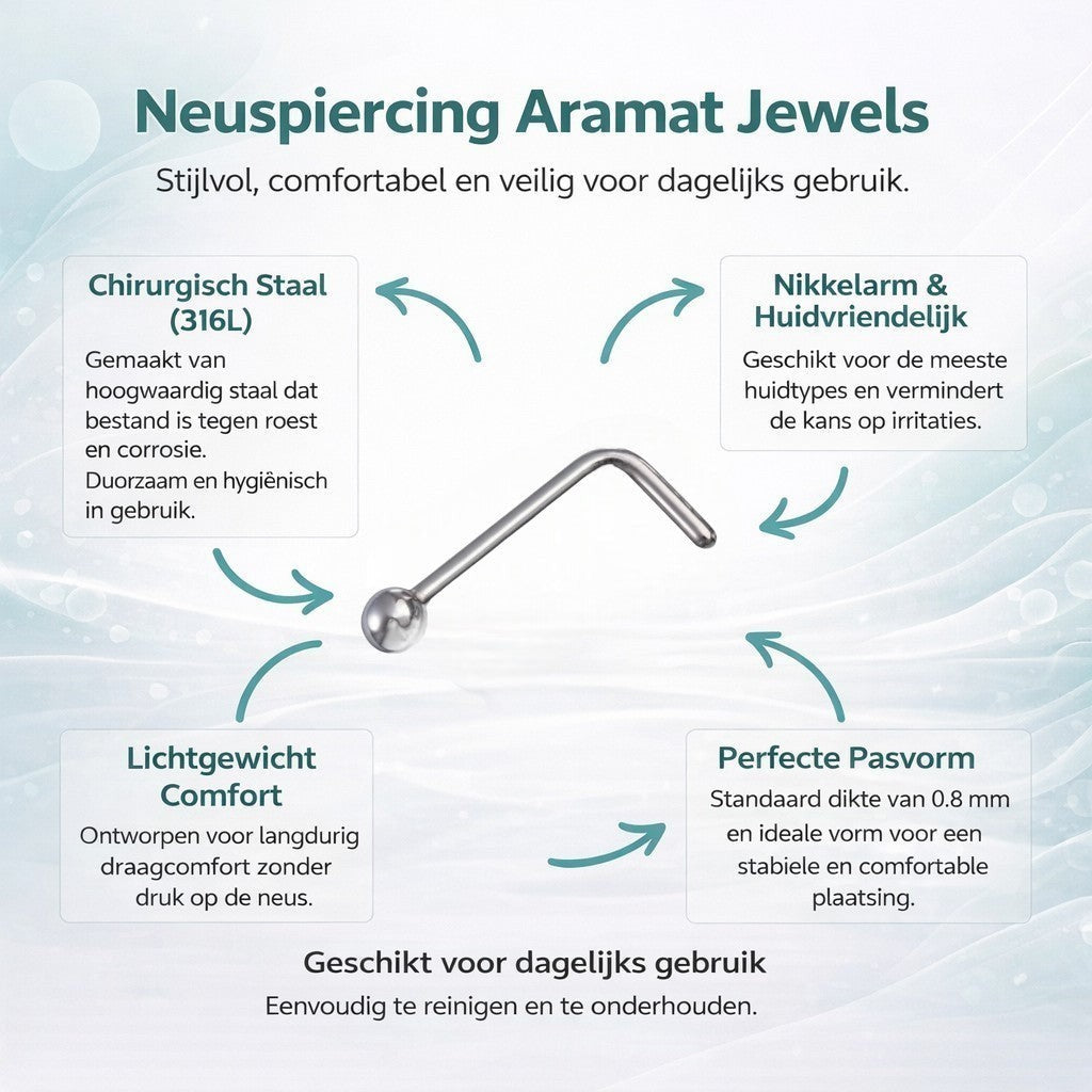 Aramat Jewels zilverkleurige L-vormige neuspiercing van chirurgisch staal met een 2mm bolletje voor dagelijks gebruik.