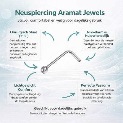 Aramat Jewels zilverkleurige L-vormige neuspiercing van chirurgisch staal met een 2mm bolletje voor dagelijks gebruik.