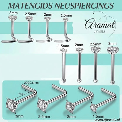 Aramat Jewels maattabel voor zilveren neuspiercings met transparante zirkonia in verschillende groottes.