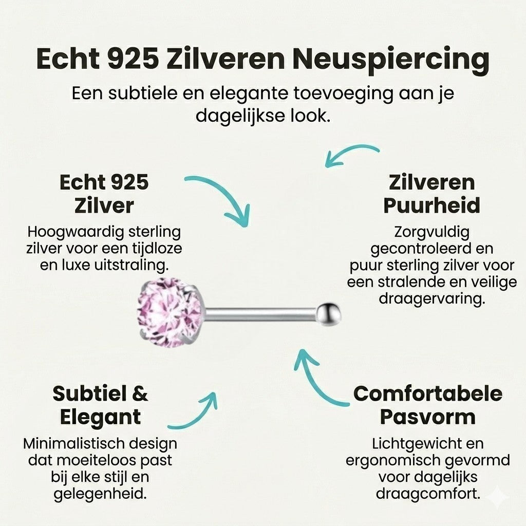 Aramat Jewels neuspiercing van 925 zilver met een roze zirkonia steen, gepresenteerd met productkenmerken in een infographic