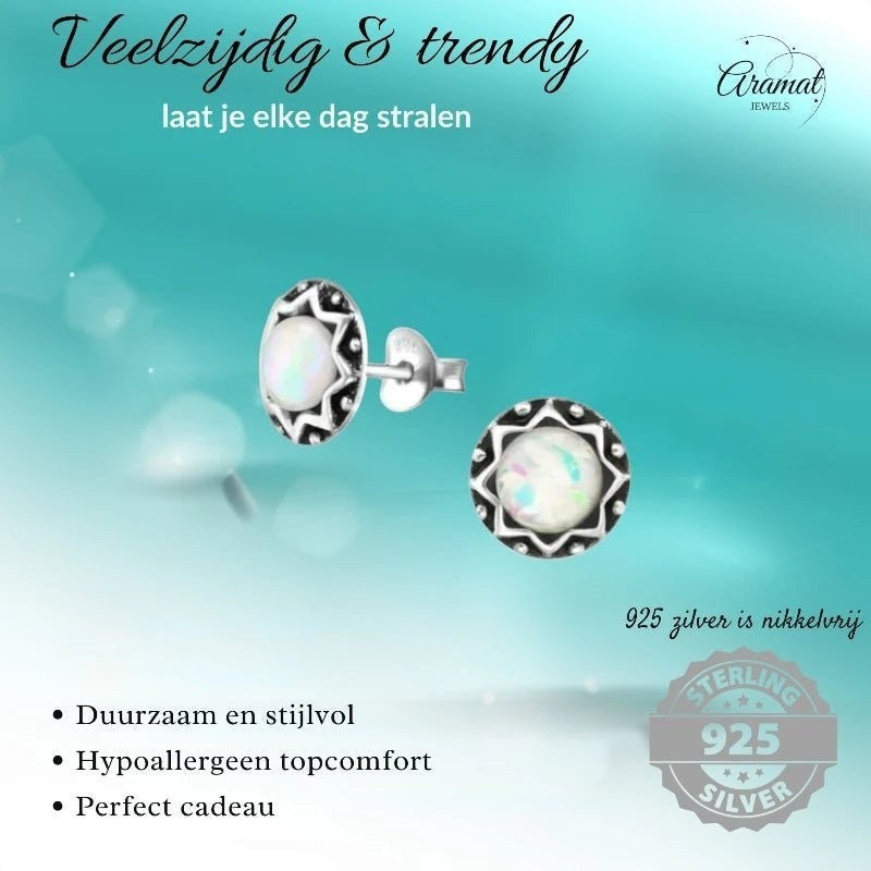 Aramat Jewels zilveren oorstekers met witte opaal, etnisch Bali design, 9mm rond, geoxideerd