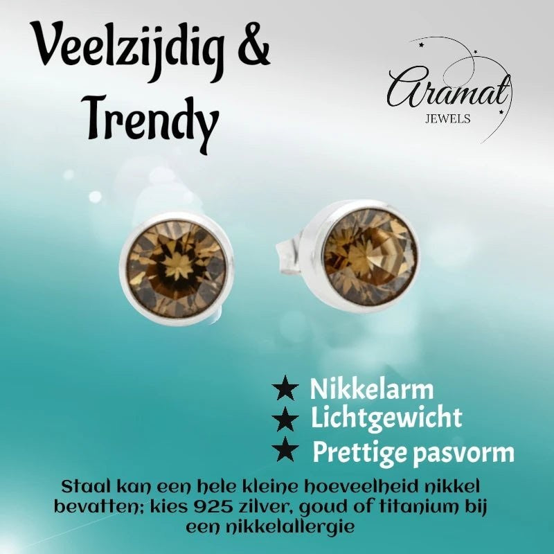 Aramat Jewels zilverkleurige oorstekers met bruin kristal van 8mm. Nikkelarm, lichtgewicht en met een pretty pasvorm.