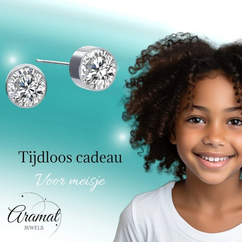 Aramat Jewels zilverkleurige oorstekers met 6mm transparant kristal, voor hem en haar.