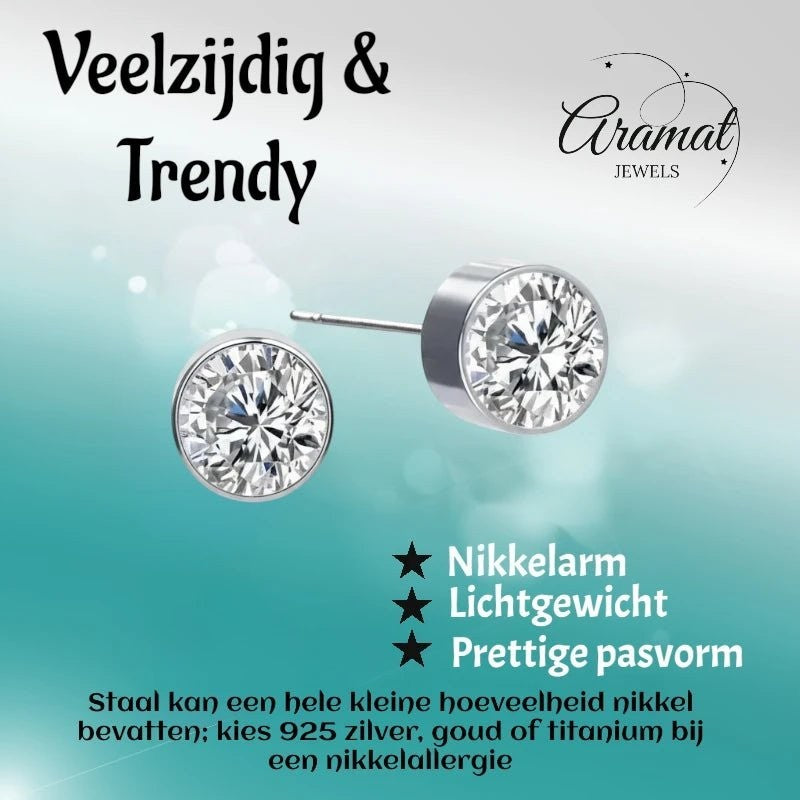 Aramat Jewels zilverkleurige oorstekers met 6mm transparant kristal. Nikkelarm, lichtgewicht en met een pretty pasvorm.